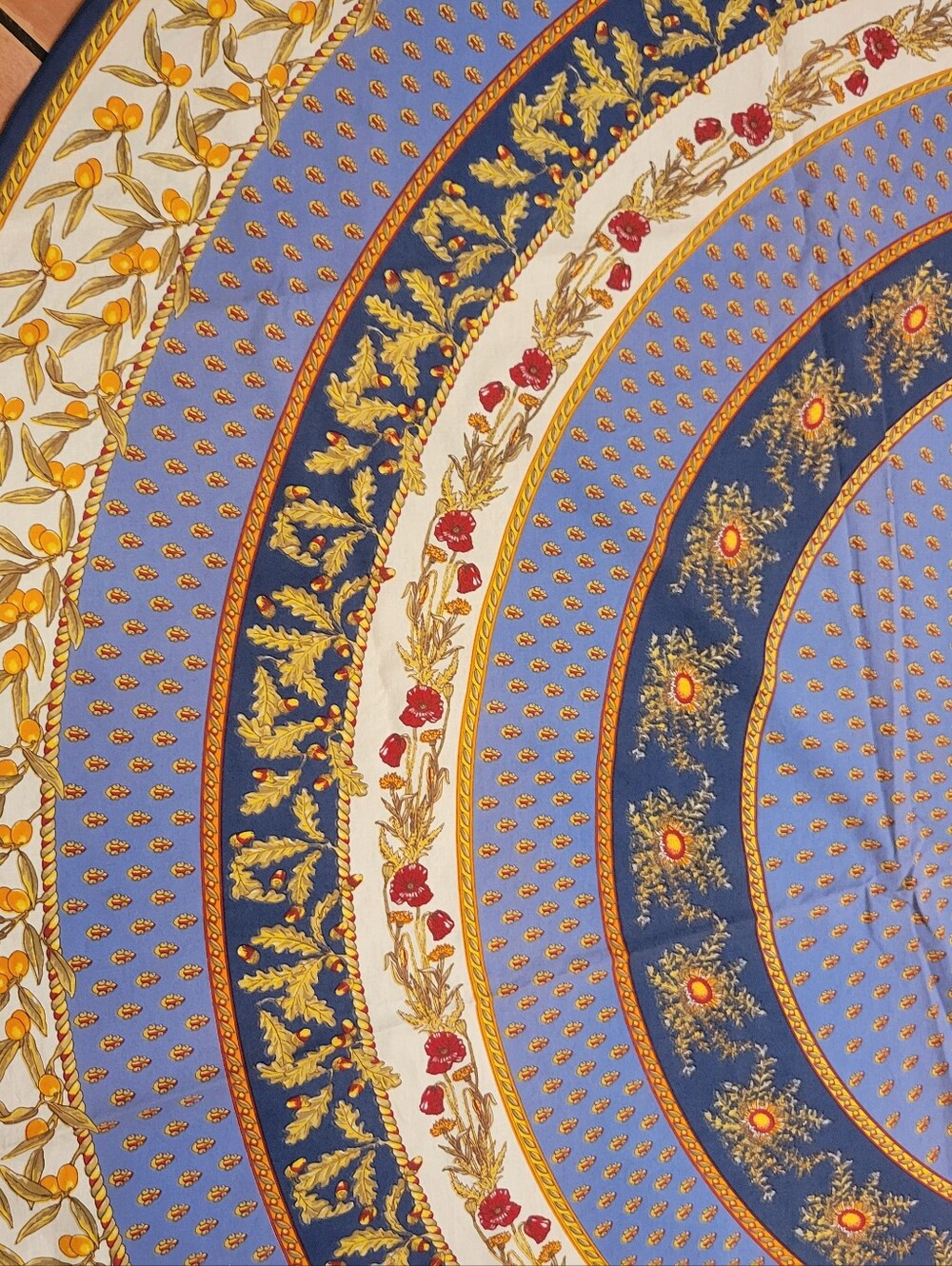 Vintage Blue Yellow French Provincial Design Oval Cotton Table Cloth 66x100in - Picture 3 of 3